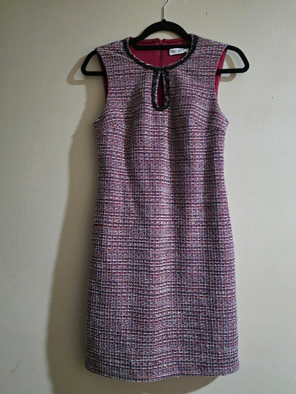 Grace Karin Pink Tweed Sheath Dress with Black Trim